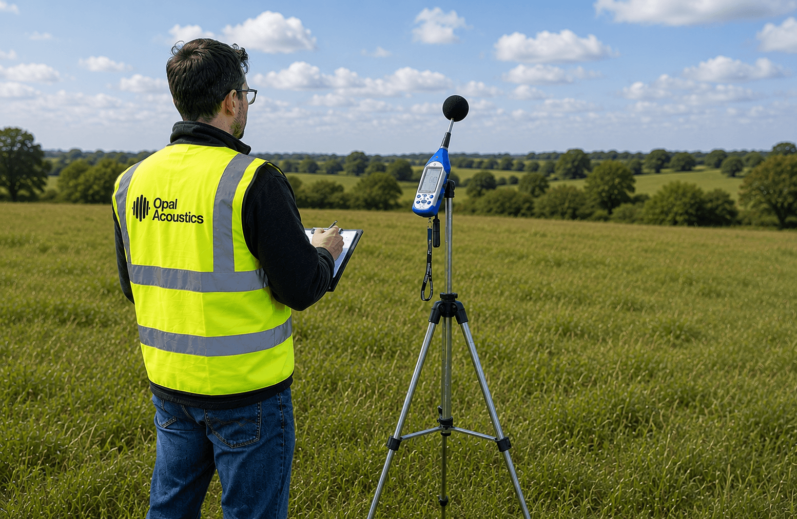 Opal Acoustics consultant conducting noise measurements in a field with a sound level meter on a tripod