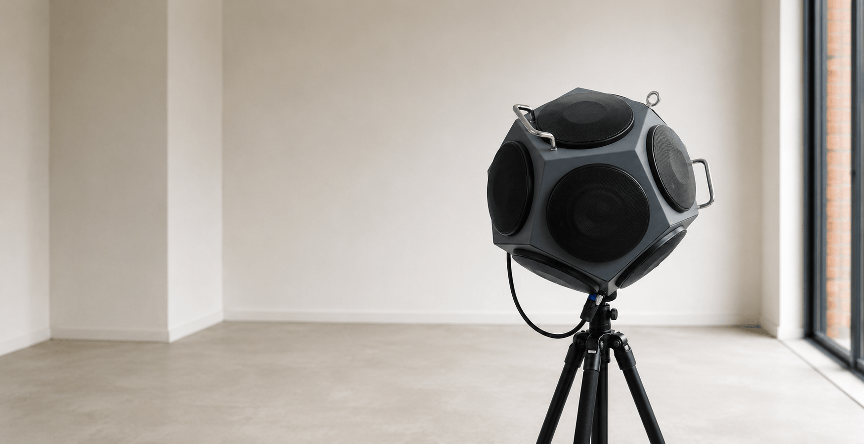 Dodecahedron omnidirectional loudspeaker on a tripod inside an empty room, used for Part E airborne sound insulation testing