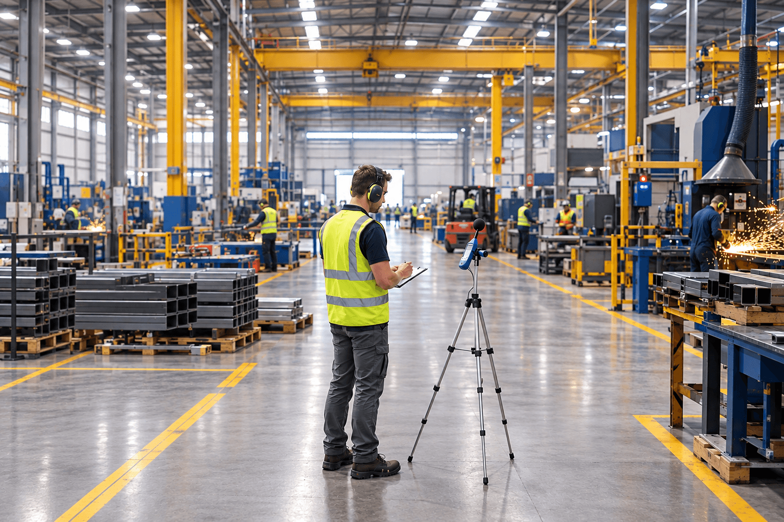 Acoustic consultant in hi-vis and ear defenders recording noise levels with a tripod-mounted sound level meter on a factory floor